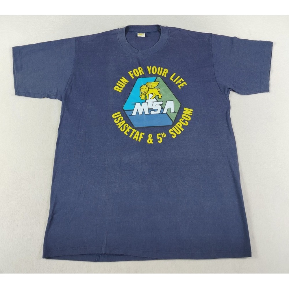Vintage Velva‎ Sheen Shirt Mens XL Blue MSA USASETAF Military Running Tee